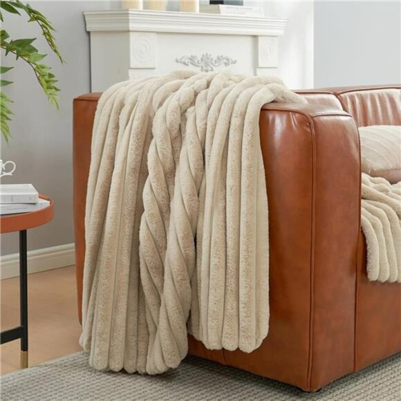 Amelie Home Faux Fur Throw Blanket Soft Fluffy Cozy Plush Sofa Bed Beige - Picture 5 of 7